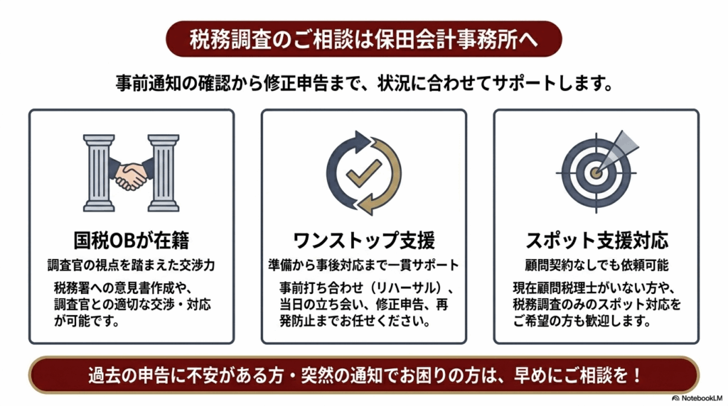 税務調査の事前通知が来たら保田会計事務所にご相談ください